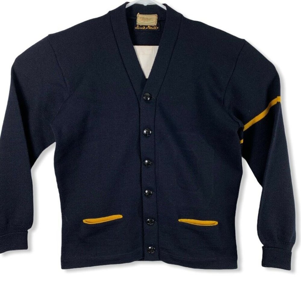 Vintage Navy Blue Cardigan Sweater with Gold Trim